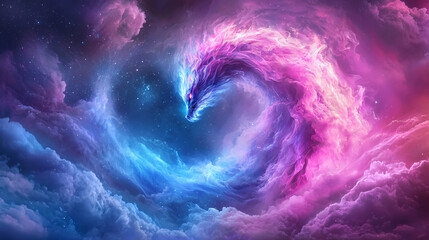 Wall Mural - a colorful, swirling cloud of pink and blue with a dragon-like creature in the center. the image has