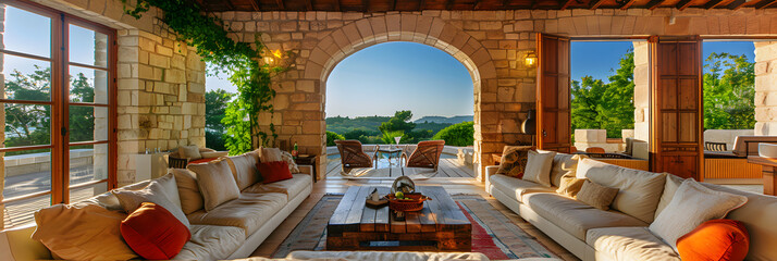 Wall Mural - A spacious room with wooden beams on the ceiling. stone walls and wooden floor in an old village house 