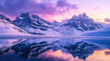 Sticker - Snowy mountain peaks reflecting in a serene lake at sunset, with a colorful purple sky overhead