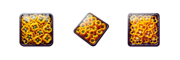 Wall Mural - Set of pack of sliced yellow bell pepper in transparent Packaging, isolated over on transparent white background