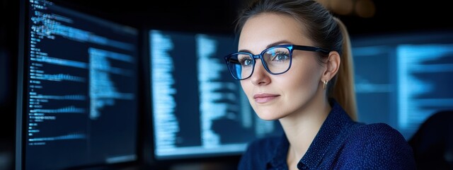 Poster - Management, Businesswoman managing algorithm projects, in a modern office