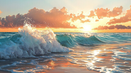 Wall Mural - Depict waves at different times of the day, such as during a golden sunset or a vibrant sunrise, with the colors of the sky reflecting on the water, creating a stunning visual effect. 