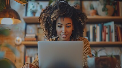 Canvas Print - A home-based customer service representative, typing an email response on a laptop, in a comfortable home office setting. The background includes shelves with books and personal items,