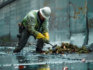 Construction Worker Cleaning Up Debris in Urban Alleyway