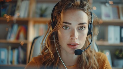 Wall Mural - A home-based customer service representative, wearing a headset, receiving a phone call with a concerned look in a comfortable home office setting.