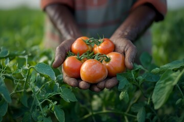 Wall Mural - farm, organic vegetables, Tomatoes in hand, give a photorealistic touch, real photography, benefits of organic farming early morning, mid-ground shot, automate color correction