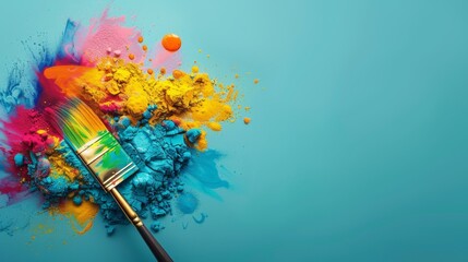 Wall Mural - Colorful Paint Explosion with Brush on Blue Background