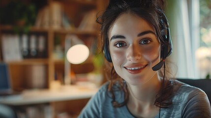 Wall Mural - A welcoming customer service representative, smiling and wearing a headset, in a comfortable, home office setting. The background includes shelves with books and personal items,