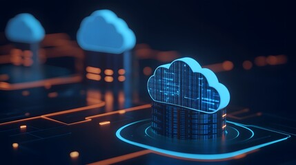 Poster - Futuristic cloud computing visualization with digital infrastructure, representing data storage and technology development.