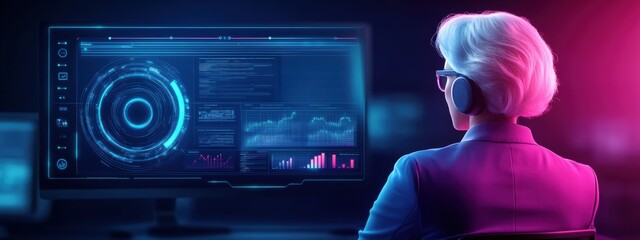 Poster - management, businesswoman managing automation projects, in a modern office