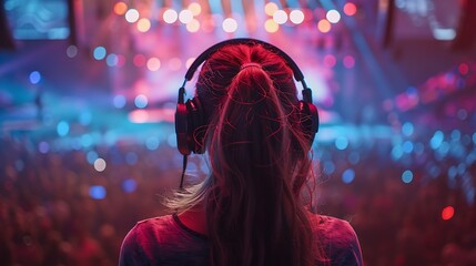 Wall Mural - Customer service agents, wearing headsets, providing support during a live concert, surrounded by a bustling crowd and vibrant stage lights. The background includes the stage and excited attendees,