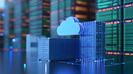 Poster - Futuristic data center with cloud computing technology, illustrating modern IT infrastructure and data storage solutions.