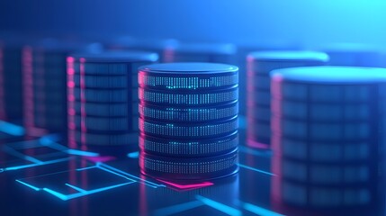 Poster - Futuristic data server stacks with neon lights, showcasing modern technology and digital storage in a blue and pink light theme.