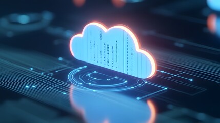 Poster - Futuristic digital cloud computing technology concept featuring a glowing cloud icon surrounded by circuit-like elements.