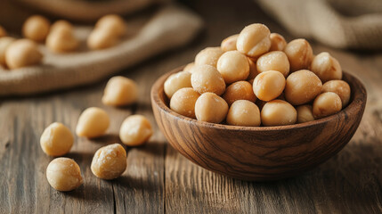 Wall Mural - Macadamia nuts have a golden brown color and are arranged in a wooden bowl. They are roasted and placed on a wooden surface.