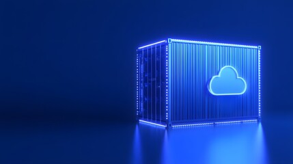 Poster - Glowing neon container with a cloud symbol in a conceptual image representing cloud computing, data storage, and technology solutions.
