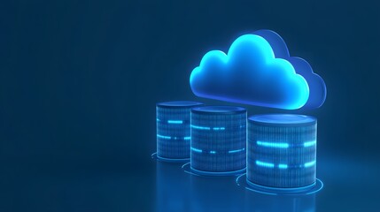 Poster - Illustration of cloud computing with server stacks on a blue background representing data storage and technology.