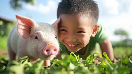 A young boy is laying on the ground next to a pig