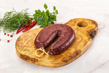 Canvas Print - Delicious dry cured beef basturma on table, closeup