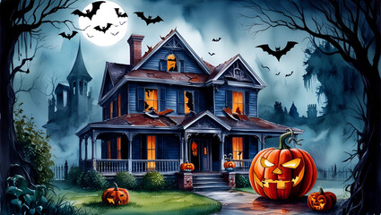 Wall Mural - halloween background with pumpkin and bats