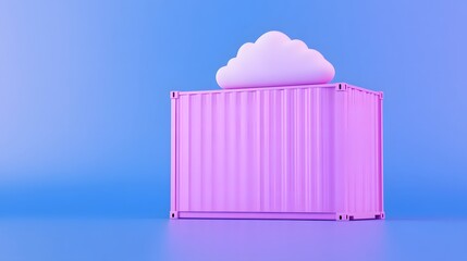 Poster - Minimalistic 3D render of a pink shipping container with a cloud on top, set against a blue background, symbolizing cloud storage.