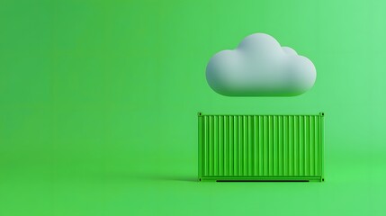 Minimalistic green scene with a cloud and container symbolizing cloud computing or data storage. Creative business technology concept.