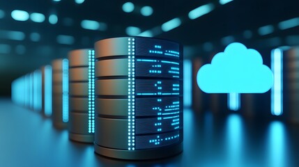 Poster - Modern data center with cloud computing technology, featuring illuminated servers and a digital cloud symbol in a futuristic setting.
