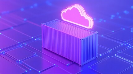 Poster - Neon container with cloud symbol on a digital circuit. Concept of cloud computing, data storage, and modern technology.
