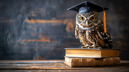 Wall Mural - Cheerful owl with yellow eyes in a graduation cap on a stack of books set against a wooden backdrop with copy space