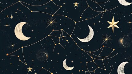 Wall Mural - A pattern of celestial symbols like moons, stars and suns