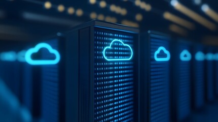 Poster - Row of servers in a data center with glowing cloud icons, representing cloud computing and data storage technology.
