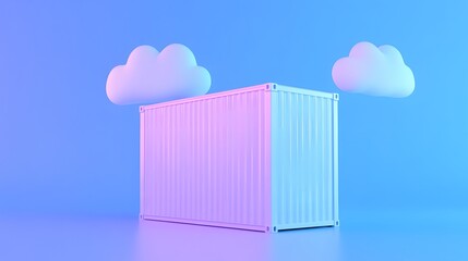 Shipping container floating in a blue and pink dreamy sky with clouds, representing logistics and transportation concept.