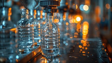 Canvas Print - Automated Water Bottle Filling Process in a Factory