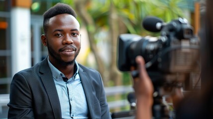 Poster - African journalist conducting interviews with professionalism.