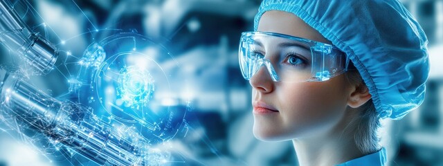 Poster - Strategy, AI technologist developing automation strategies, surrounded by advanced machinery, focused and determined