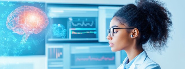 Poster - strategy, ai technologist developing machine learning strategies, analyzing data on multiple screens