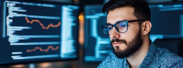 Poster - strategy, ai technologist developing machine learning strategies, analyzing data on multiple screens