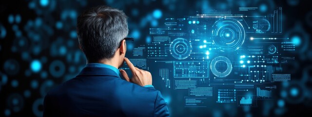 Poster - strategy, ai technologist developing machine learning strategies, analyzing data on multiple screens