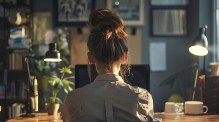 Wall Mural - Business girl seen from the back at a desk.