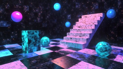 Wall Mural - surreal cosmic landscape with glowing spheres marbled staircase