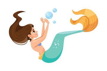 Sticker - Pretty Mermaid Character with Fish Tail and Female Body Vector Illustration