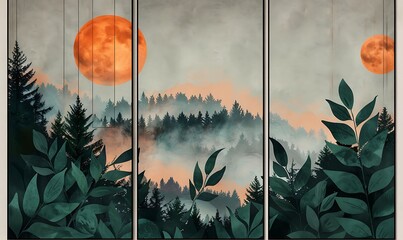 Wall Mural - Sunrise over Misty Forest Triptych.
