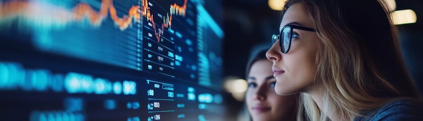 Poster - A compelling image of a financial planner guiding a young couple through investment options with a digital interface displaying various financial instruments