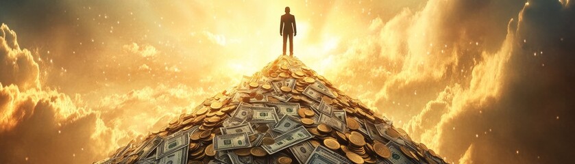 Aufkleber - A creative depiction of wealth accumulation with a person standing on a mountain of gold coins and dollar bills under a bright, golden sky