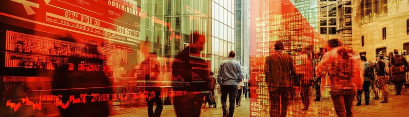 Aufkleber - A dramatic scene of a financial crisis with newspaper headlines, distressed individuals, and a backdrop of falling stock prices and red arrows
