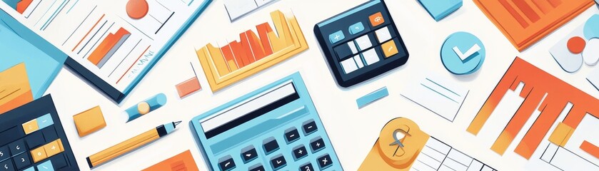 Aufkleber - A detailed and colorful illustration of different financial tools like calculators, spreadsheets, and ledgers representing the field of accounting and bookkeeping