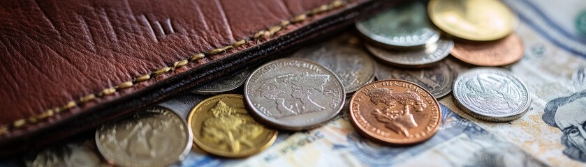 Poster - An intricate close-up of different world currencies and coins spilling out of a leather wallet emphasizing the concept of global financial transactions and exchange