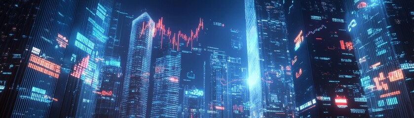 Aufkleber - A futuristic cityscape with towering skyscrapers adorned with holographic financial charts and currency symbols representing a thriving economic hub