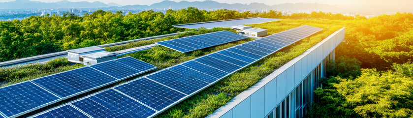 Aerial view of a modern building with solar panels on the roof, surrounded by lush greenery and bathed in warm sunlight.