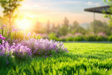 A serene garden bathed in warm sunlight during sunset, with vibrant green grass and purple flowers in the foreground.